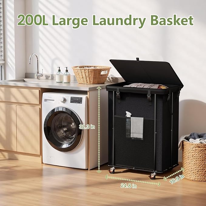 220L Laundry Hamper with Lid & Wheels, Rolling Laundry Basket with Bag - Image 2