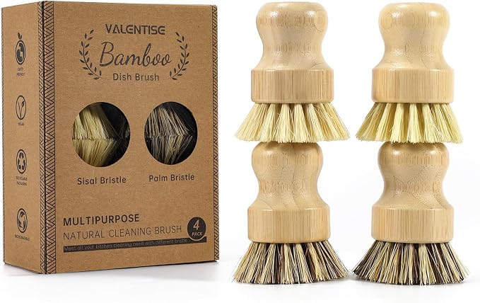 4 Pack Bamboo Dish Brush Set, Natural Palm Dish Scrubber by VALENTISE