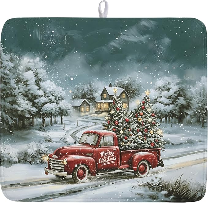 Merry Christmas Decorations Dish Drying Mat 16x18 Inch | Red Truck Xmas Tree by Kawani
