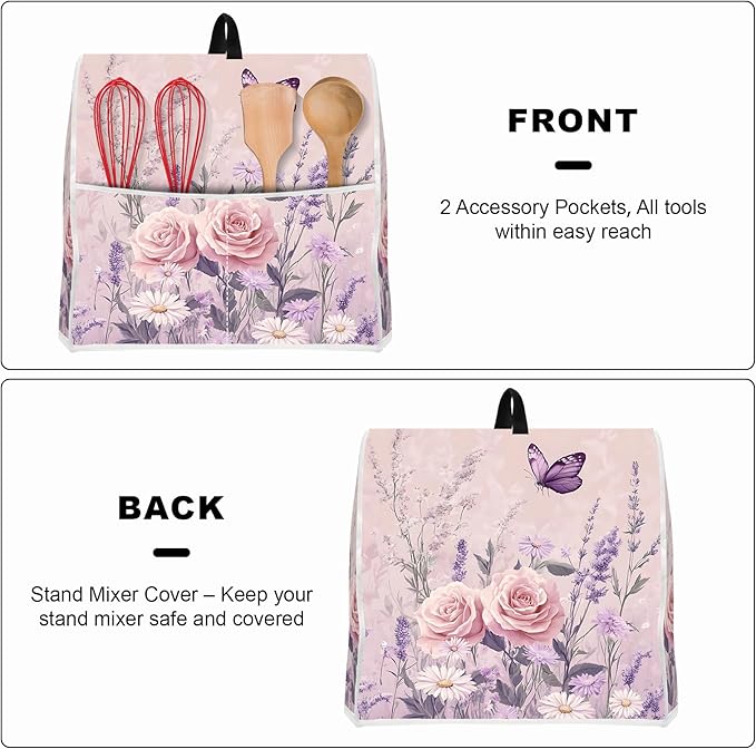 Stand mixer cover with handle and storage bag, reusable and washable, stylish retro floral design, keeps kitchen countertops clean and tidy (fits 6-8 quart mixers).