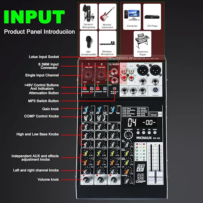 Audio Mixer 4 Channel Professional Sound Mixer Console with 99 DSP Effects, Small Mixing Board DJ Mixer w/USB, Bluetooth, 48V Power Supply, PAD Button for Recording Karaoke PA Drum Live Music