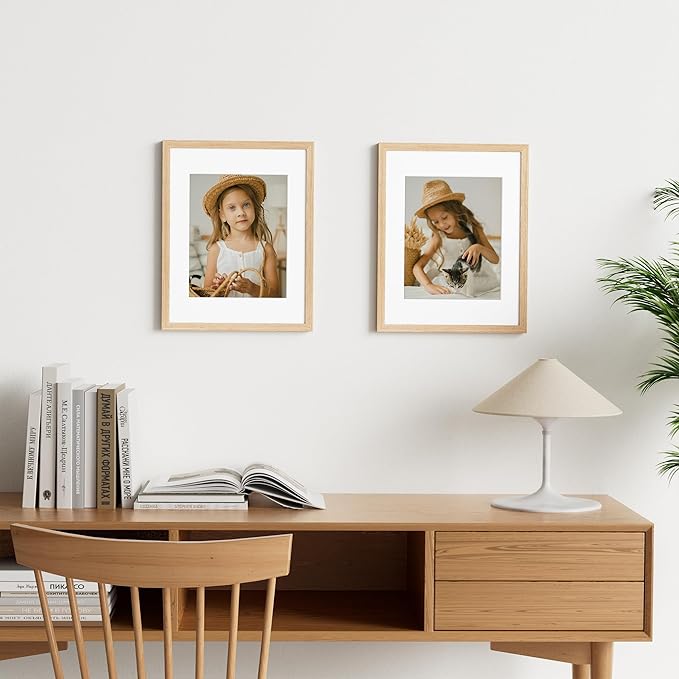Vittanly 11x14 Picture Frame Set of 2, Solid Wood Frame for Wall Art Photo and Prints, Display Photo 8x10 with Mat or 11x14 without Mat, Natural