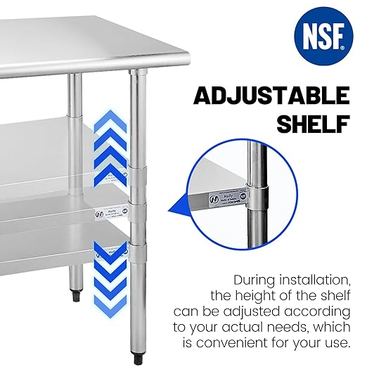 Hally Stainless Steel Table for Prep & Work 14 x 60 Inches, NSF Commercial Heavy Duty Table with Undershelf and Galvanized Legs for Restaurant, Home and Hotel
