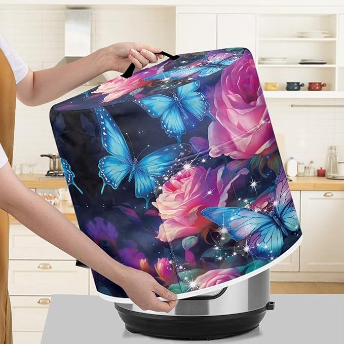 Rose Butterfly Pressure Cooker Cover 6 Quart Dust Cover for Air Fryer Pressure Cooker Cover with Top Handle and Accessories Pockets Small Kitchen Appliance Cover Kitchen Decorations