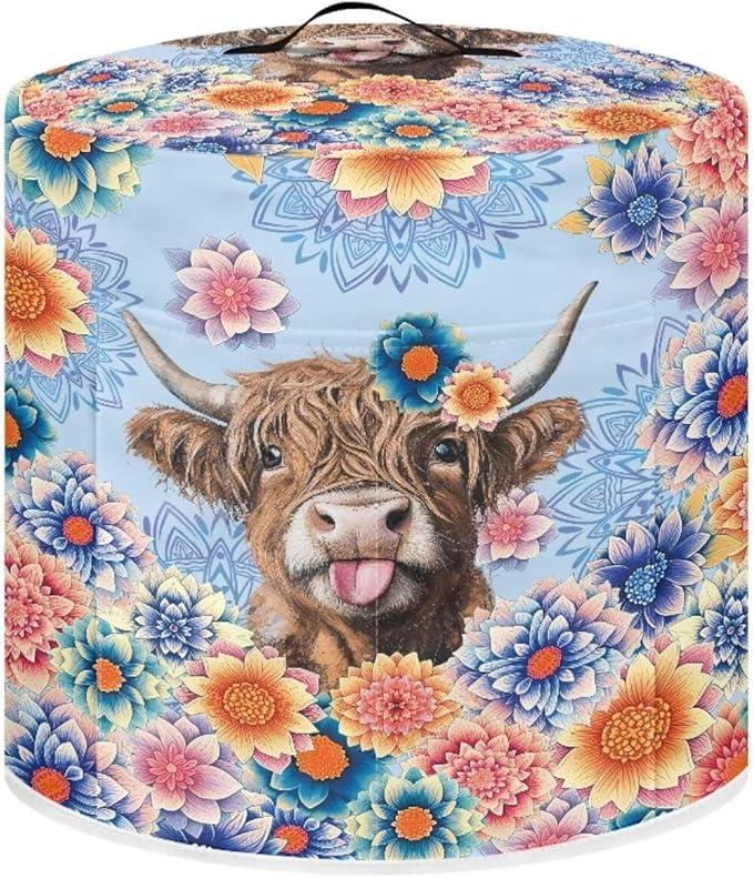 Xoenoiee Electric Pressure Cooker Cover Boho Mandala Highland Cattle Pattern Kitchen Appliance Dust Cover with Pockets, Compatible with Crock Pot, Rice Cooker, for 8 Qt Pot