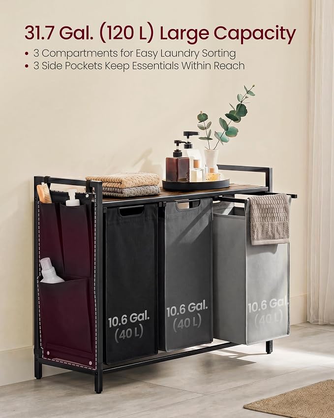 VASAGLE Laundry Hamper with Shelf, 3 Pull-Out Bags, 3 x 10.6 Gallons - Image 3
