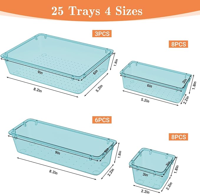 SpaceHacks 25 PCS Plastic Drawer Organizer, 4-Size Versatile Organizer Trays & - Image 2