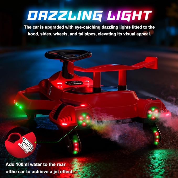12V Electric Wiggle Car Ride On Toy, Swing Car with Pedal, for Kids from Ages 3 and Up, Birthday Gifts for Boys and Girls, Anti-Rollover, Flashing Wheels, Bluetooth(Black+Red)