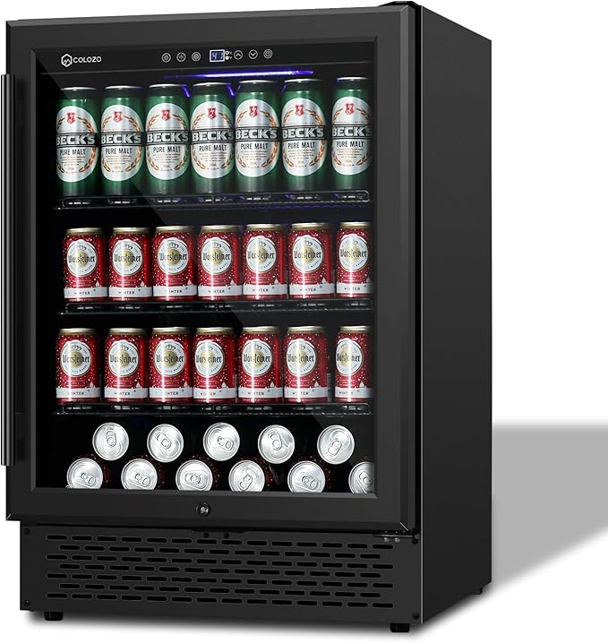 24 Inch Black Beverage Refrigerator Under Counter,190 Cans Beverage Fridge with Glass Door&Lock, Built-in/Freestanding Beverage Cooler for Home Bedroom Bar or Office, Low Noise Compressor