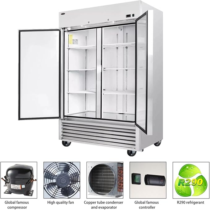 Commercial Refrigerator with Double Solid Doors, 49 cu.ft Stainless Steel Reach-in Merchandiser Upright Freezerless Refrigerator for Restaurant, Bar, Shop, Residential Beverages and Drinks