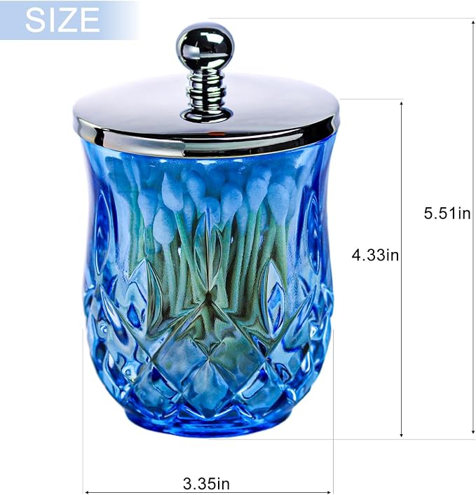 10Oz Blue Q-Tip Holder, Round Thick Glass & Metal Lid - Image 6