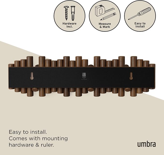 Umbra Picket Coat Rack, Wall Mount 8 Flip-Down Coat Hooks, Walnut | Beveled - Image 6