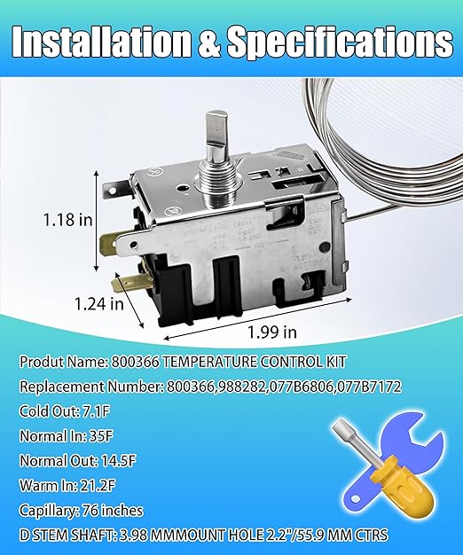 800366 Temperature Control Kit Fits for True Commercial Refrigerators and Freezers Replace 077B6806, 077B7172, 988282 | 76" Coil Sensing Thermostat