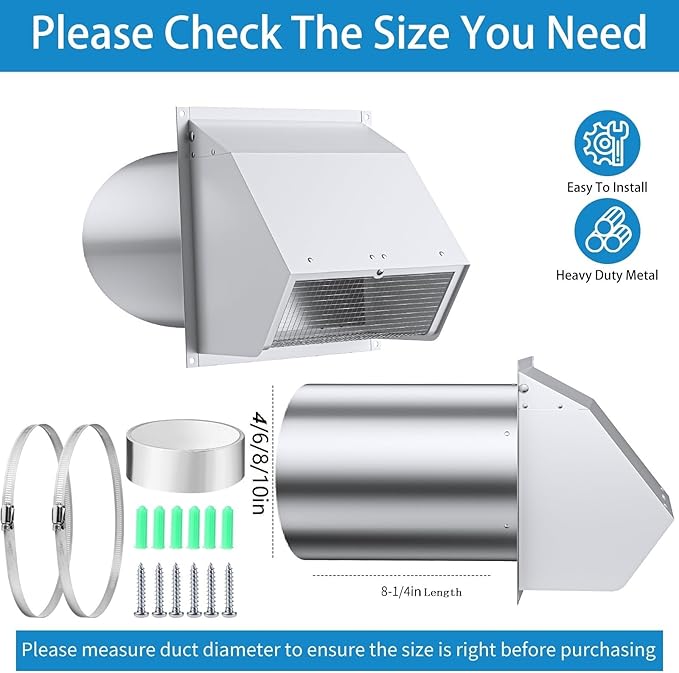 4 Inch Wall Vent Cover with Screen and Damper,Heavy Duty Stainless Steel Exhaust Vent Cover Cap,Dryer Vent Pipe is 8-1/4 inch and Long Enough for House White