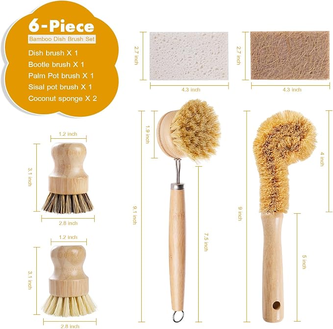 DEBETOOL 6-Piece Bamboo Dish Brush Set - Image 2
