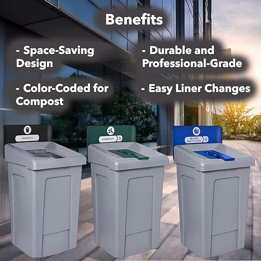 33 Gallon Compost Bin with Hinged Lid – Commercial Organic Waste Container with Venting and Cinches – Green Recycling Station for Kitchens, Cafeterias, and Institutions