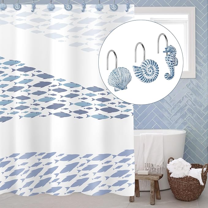 Sunlit Seashells Decorative Shower Curtain Hooks, Sky Blue Ocean Creatures - Image 4