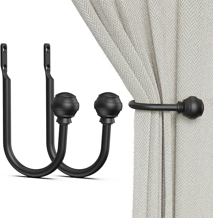 Hion Curtain Holdbacks Black 2pcs, Curtain Tiebacks Wall Mounted Hooks | by Hion