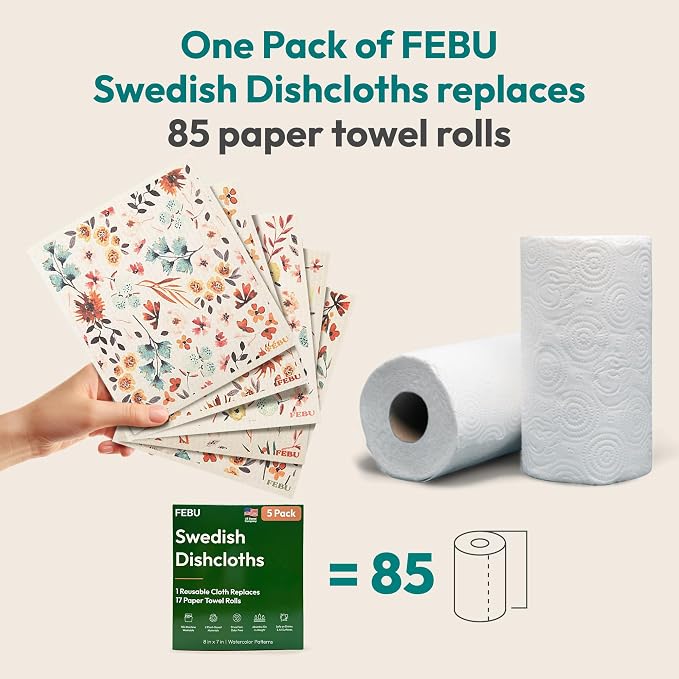 FEBU Swedish Dishcloths for Kitchen, 5 Pack, Watercolor Floral - Image 3