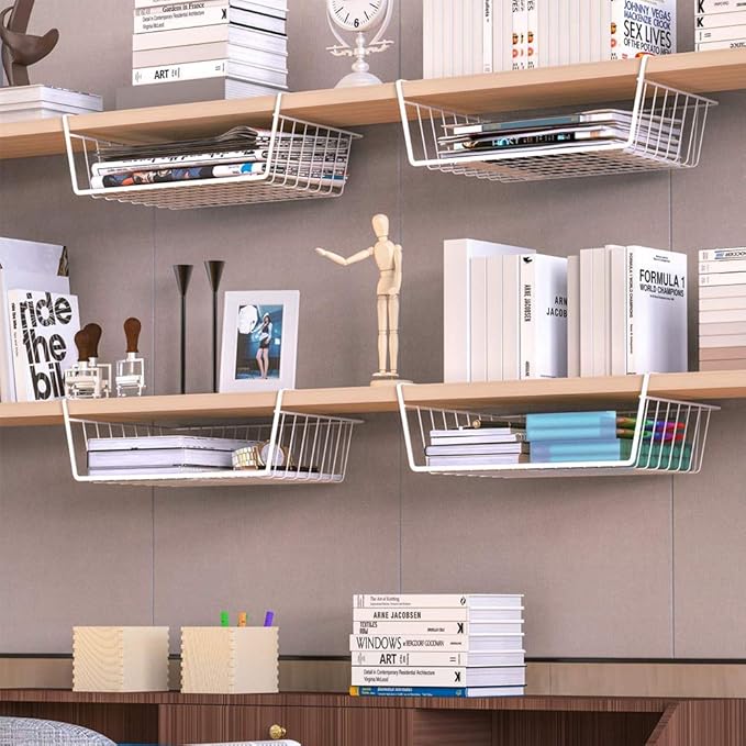 Modern Home Under Shelf Wire Storage Baskets – Hanging Organizer Rack for Cabinet, Pantry, or Closet – White Metal Basket for Kitchen, Towels, or Office – No Tools Required (Set of 2 15")