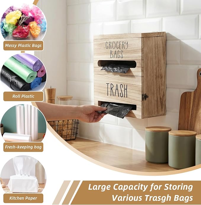 2 in 1 Trash Bag Dispenser, Double Wall Mounted, Wood Trash Bag Holder - Image 4