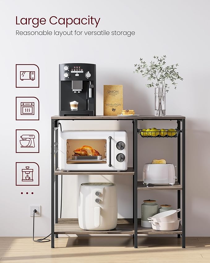 VASAGLE Baker's Rack, Coffee Bar Stand with Charging Station, 35.6 Inches Tall, Storage Shelves, Pull-Out Wire Basket, Table for Microwave, Kitchen, Heather Greige and Ink Black UKKS036K02