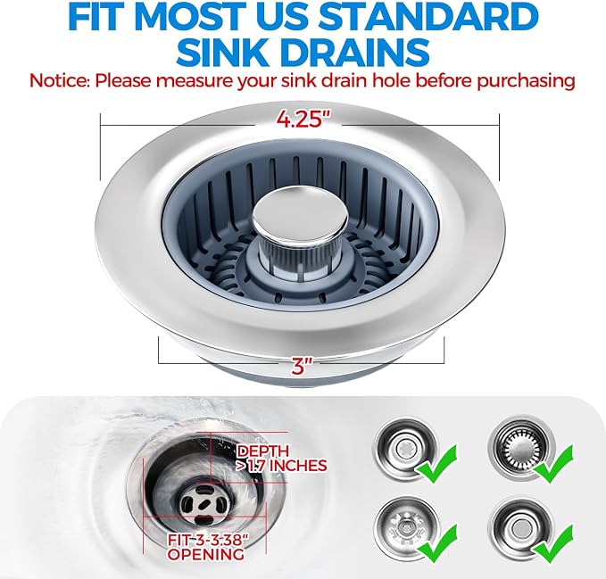zaa 3 in 1 Kitchen Sink Drain Strainer Stopper Removable Basket Pop-Up - Image 7