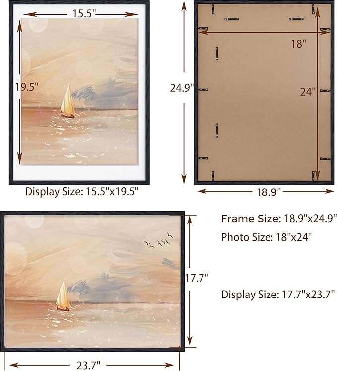 Fun Memories Black 18x24 Picture Frame, Large 18 by 24 Poster Frames Set of 2, Natural Oak Wood Frame 18 x 24 with Tempered Glass, 18x24 Black Wood Frames, 18"x24" Art Frame
