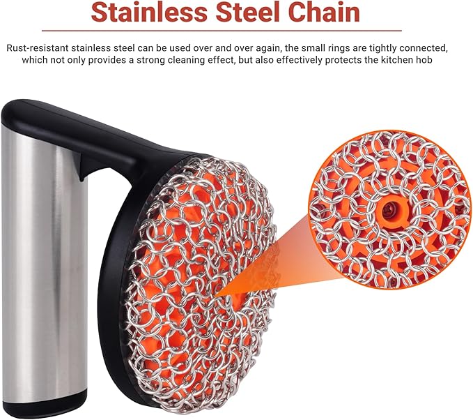 Skyflame Cast Iron Scrubber with Handle, Stainless Steel Chainmail Scrub, Skillet Cleaner/Brush for Cast Iron Pans, Griddles, Dutch Oven and Grills