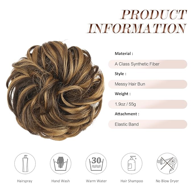 FESHFEN Large Messy Bun Hair Piece - Wavy Synthetic Chignon Scrunchies Elastic Ponytail Hair Extensions Thick Hairpieces for Women, Brown Highlighted Caramel Blonde 1.94oz