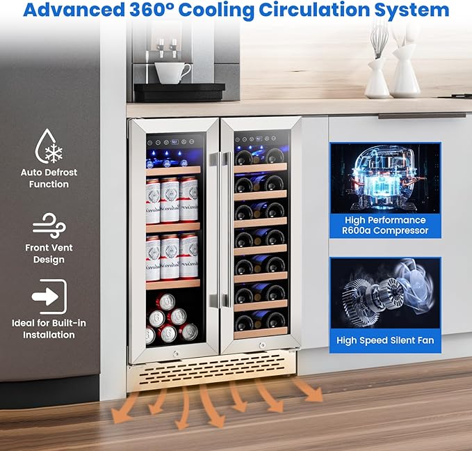 24 Inch Wine and Beverage Refrigerator Under Counter, Dual Zone 20 Bottles & 88 Cans Beverage Fridge with Stainless Steel Tempered Glass Door, Built-in/Freestanding Mini Fridge for Office/Bar/Kitchen