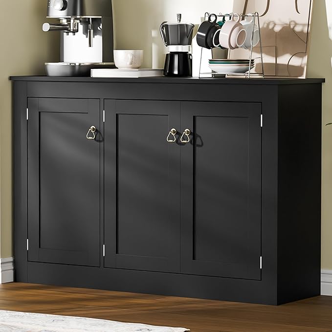 Cozy Castle Buffet Cabinet with Storage - Kitchen Storage Cabinet Wood Console Table Coffee Bar Accent Cabinets for Living Room Dining Room Entryway Black 44.5" W