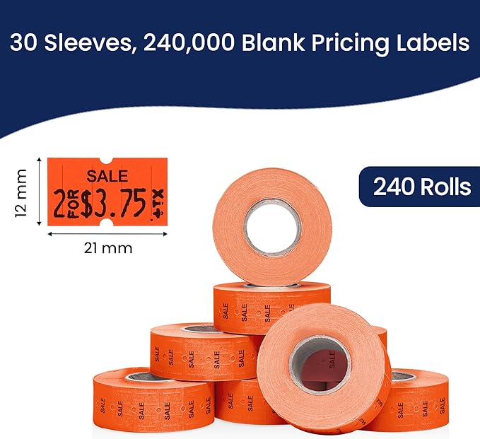 Perco 1 Line Sale Fluorescent Red Labels - Case of 30 Sleeves, 240,000 Blank Pricing Labels for Perco Lite, X, Plus and Pro 1 Line Price and Date Guns