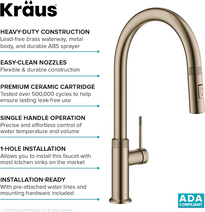 KRAUS Brushed Gold 17 in Pull Down Kitchen Faucet KPF-2654BG | Diamond-knurled - Image 12