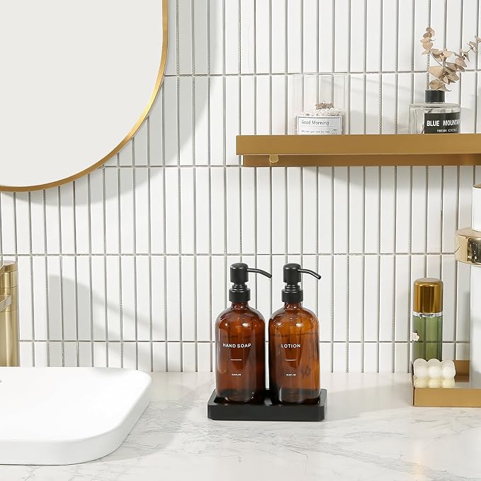 Prus Waso Amber Glass Soap Dispenser Set | Hand Soap and Lotion Set - Image 2