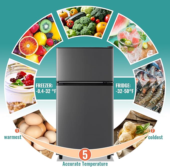 WANAI 3.5 Cu.Ft Mini Fridge with Freezer, Compact Refrigerator for Office, Dorm, Apartment, 7-Level Adjustable Thermostat, 2 Removable Shelves and Bakset, Small Fridge in Dark Gray