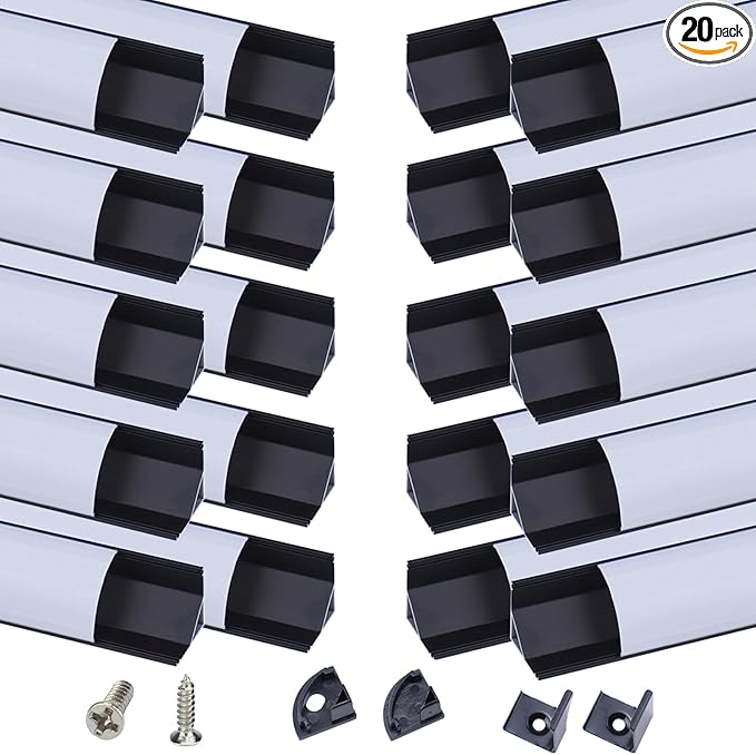 Muzata 20Pack 6.6FT/2M V Shape LED Channel Black Aluminum LED Strip Diffuser Channel with Milky White Cover Corner Lighting Easy Installation V1SW BW 2M