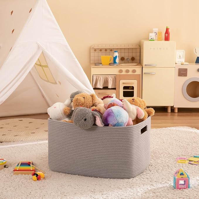 OIAHOMY 96L XXXLarge Blanket Basket Woven Cotton Rope Storage Basket Grey - Image 2