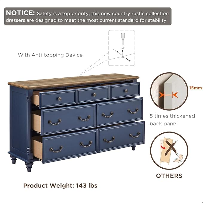 T4TREAM Farmhouse 7 Drawers Dresser Chests for Bedroom with 4 Solid Wood Feet, Tall Wide Wood Country Rustic Chest of Drawers, Storage Dressers for Bedroom, Living Room, Rustic Oak Antique Blue