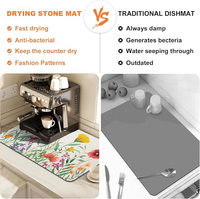 LOKHOM 12"x20" Dish Drying Mat，Colorful Floral Coffee Mat | Ultra Absorbent - Image 6