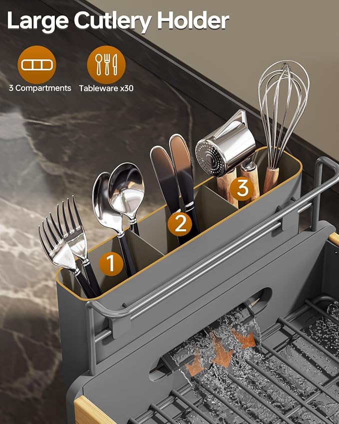 Urackify Modern Dish Rack for Kitchen Counter, Stainless Steel & Bamboo - Image 5