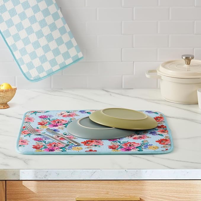 FRESHMINT Dish Drying Mats 2 Pack, Checkerboard Floral | Quick Dry, Ultra - Image 2