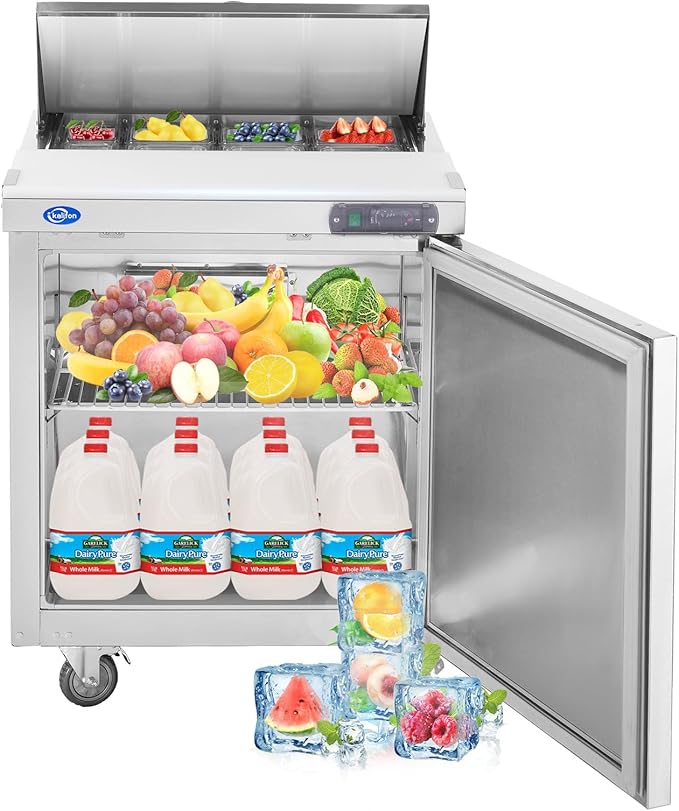 27" W 1 Door Refrigerator Sandwich Salad Prep Table Commercial Stainless Steel Fan Cooling Refrigerator with Cutting Board, 1 Shelves & 8 Pans for Restaurant, Bar, Shop-7.4 Cu.ft