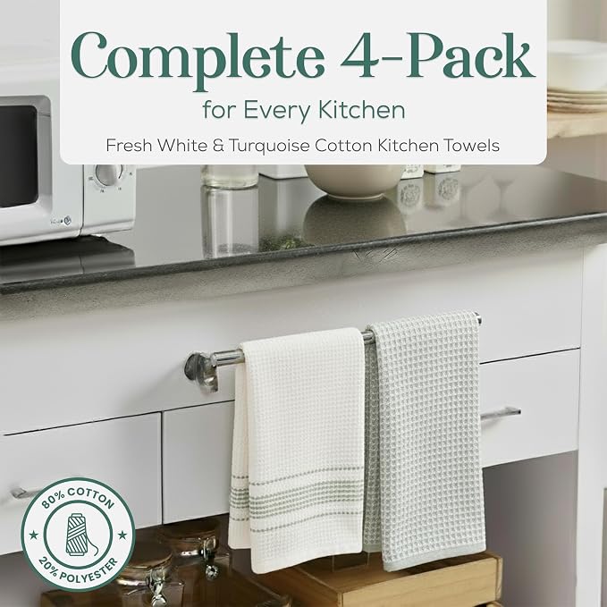 Kitchen Towels, Cotton Hand Towels White & Turquoise Mini Weaved Stitched - Image 3