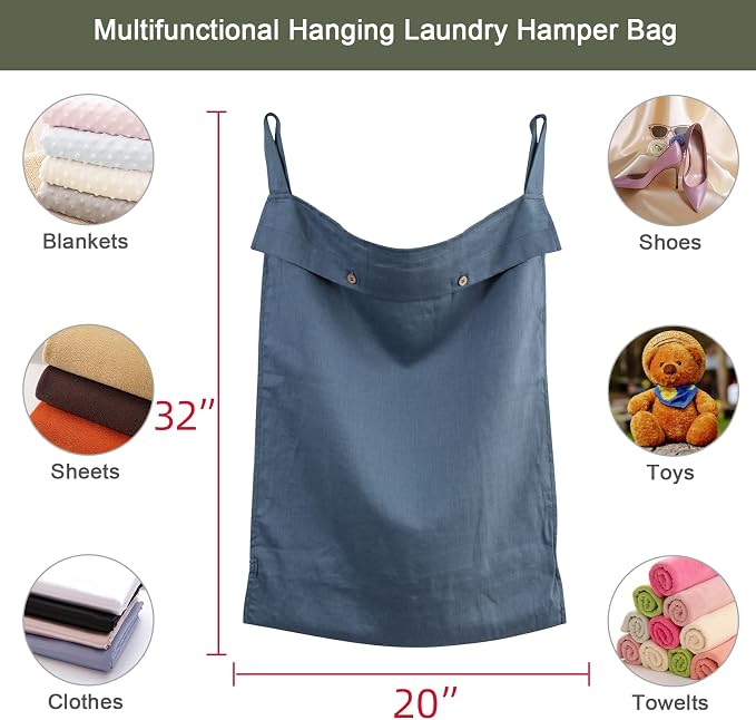 Linen Hanging Laundry Bag, 100% Linen Over The Door Laundry Hamper - Image 2