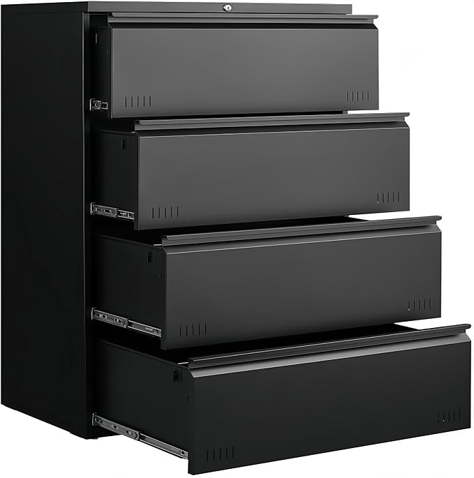 Lateral 4 Drawer File Cabient with Lock, Metal Filing Cabinets for Home Office, Heavty Duty Office Storage Cabinet for A4/Letter/Legal (Matte Black)