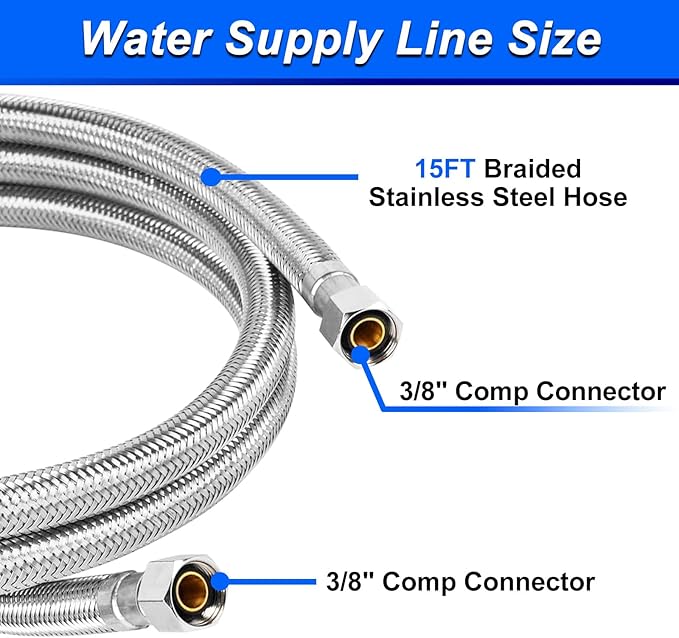 15FT Stainless Steel Braided Water Supply Line for Dishwasher, Brass 3/8 Inch Compression x 3/8 Inch Compression Connections, Food Grade PEX Inner Tube Water Hose