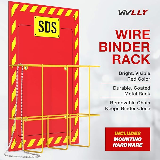MSDS Wall Station - 3 Inch 3 Ring Material Safety Data Sheet Binder with SDS Wire Rack and Display Sign, Chain, Mounting Hardware, SDS Poster, MSDS Labels - Heavy Duty OSHA Yellow Binder (pack of 10)