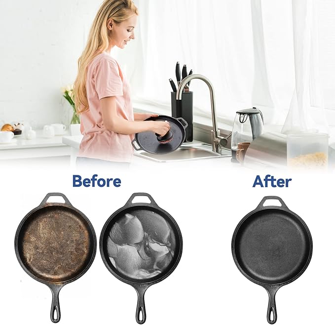 Skyflame Cast Iron Scrubber with Handle, Stainless Steel Chainmail Cleaner for Pans and Skillets - Cast Iron Cookware, Ovens and Grills Cleaning Accessory