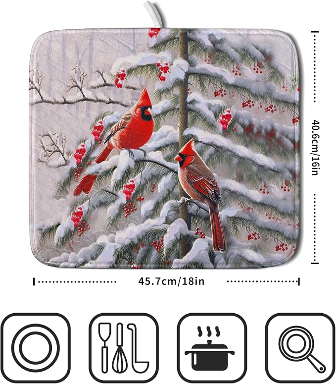 Red Birds Dish Drying Mat Winter Berry Dish Drainer Mats Absorbent Reversible - Image 2